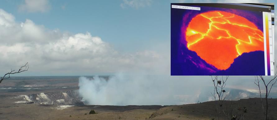 Kráter Halemaumau uprostred kaldery Kilauea a pohľad infrakamery HVO monitorujúcej lávové jazero krátera